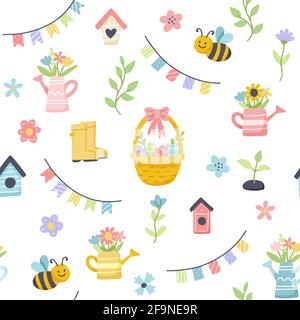 Osterfrühlingsmuster mit niedlichen Eiern, Blumen, Bienen. Handgezeichnete flache Cartoon-Elemente. Illustration Stockfoto