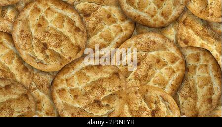 Draufsicht Ramadan Pita Hintergrund. Brot gesäumt Seite an Seite. Traditionelles ramadan Brot Stockfoto