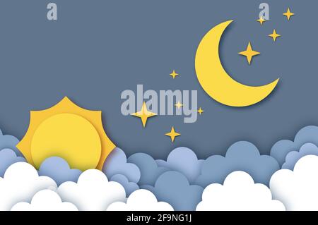 Sonne und Mond mit Wolke. Wolkiger Himmel. Papierschnitt Wetter. Vektor Stock Vektor