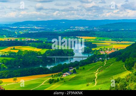 Luftaufnahme des Rheins von der Burg Hohenklingen bei Stein am Rhein, Schweiz. Stockfoto