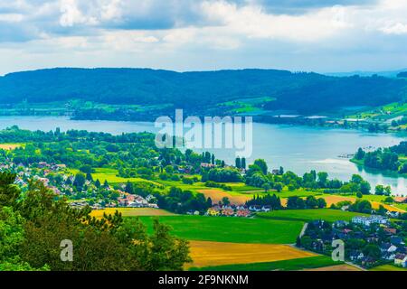 Luftaufnahme des Rheins von der Burg Hohenklingen bei Stein am Rhein, Schweiz. Stockfoto