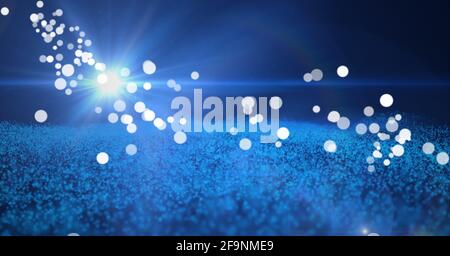 Zusammensetzung von mehreren weißen Flecken über glühenden Punkt und blau Netz Stockfoto