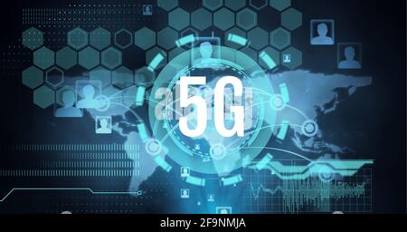 Zusammensetzung von 5g-Text über Scan-Bereich, Globus und mehreren blauen digitalen Symbolen Stockfoto