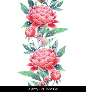 Pfingstrosen nahtlose Blumenbordüre. Vintage-Blumen im orientalischen Stil Stockfoto