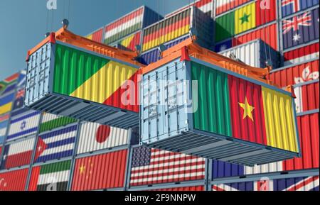 Frachtcontainer mit Nationalflaggen der Republik Kongo und Kamerun. 3D-Rendering Stockfoto