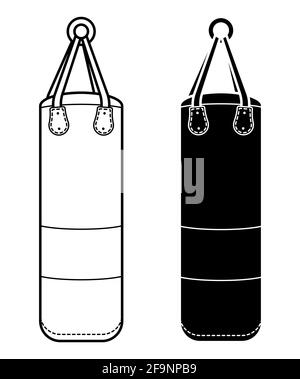 Großer Boxsack für das Sporttraining. Training Boxer im Fitnessstudio. Schwarz-Weiß-Vektor Stock Vektor