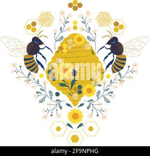 Vektor-Illustration mit Bienenstock und Honigwabe. Stock Vektor