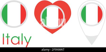 Nationalflagge Italiens, runde Ikone, Herz-Ikone und Ortsschild, Vektor Stock Vektor