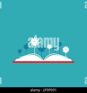 Bücher mit Blumen. Flaches Symbol auf blauem Hintergrund isoliert. Symbol wird gelesen. Vektorgrafik. Idea-Logo. Piktogramm „Inspiration“. Kraft des Wissens und Stock Vektor