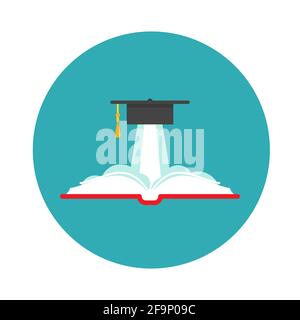 Buch mit Abschlusskappe oder Mörtelbrett als Rakete. Isoliert auf pulverblauem Hintergrund. Symbol für flache Anzeige. Vektorgrafik. Logo für den Bildungsbereich. Wissen Stock Vektor