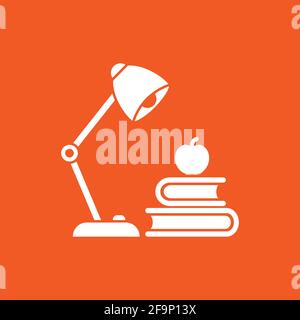 Stapel von Büchern mit Lampe und Apfel. Flaches Symbol auf rotem Hintergrund isoliert. Wissen, Bildung Vektor Illustration. Idea-Logo. Zurück zum Schulkonzept Stock Vektor