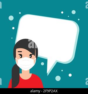 Mädchen mit medizinischer Maske Avatar. Nette Frau mit großen Chat-Blase. Flaches Symbol auf blauem Hintergrund. Person Charakter. Quarantäne-Avatar. Mundschutz, Virus Stock Vektor