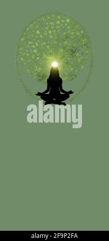 Spiritueller Hintergrund mit menschlicher Silhouette meditierend und Lebensbaum isoliert In farbigem Hintergrund Stockfoto