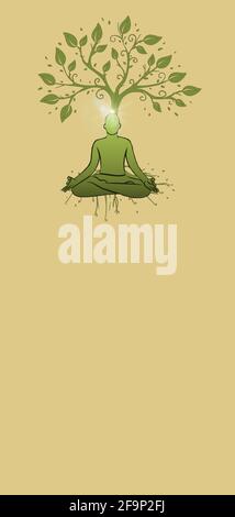 Spiritueller Hintergrund mit menschlicher Silhouette meditierend und Lebensbaum isoliert In farbigem Hintergrund Stockfoto