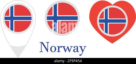 Nationalflagge von Norwegen, runde Ikone, Herz-Ikone und Ortsschild, Vektor Stock Vektor