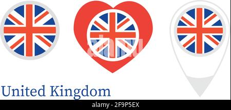 Britische Nationalflagge, runde Ikone, Herz-Ikone und Ortsschild, Vektor Stock Vektor
