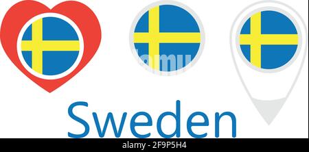Nationalflagge Schwedens, rundes Symbol, Herz-Symbol und Ortsschild, Vektor Stock Vektor