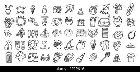 Ein Big Vector Doodle Sommer Set. Zubehör für Strandurlaub am Meer. Flaches Design Illustration für Werbung, Web, Flyer und Banner. Satz von gezeichnet von Stock Vektor