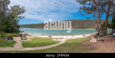 Pambula Strand an der Mündung des Pambula Flusses wo Sie trifft auf die Merimbula Bay im Süden von New South Wales Küste von Australien Stockfoto