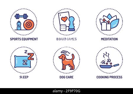 Farbsymbole für Home Leisure Line gesetzt. Hausaufgaben: Reinigung, Kochen, Yoga. Isoliertes Vektorelement Stock Vektor