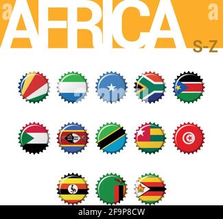 Set mit 13 Bottle-Cap-Flaggen Afrikas (S-Z). Set 4 von 4. Vektorgrafik. Seychellen, Sierra Leone, Somalia, Südafrika, Südsudan, Sudan, Swazi Stock Vektor
