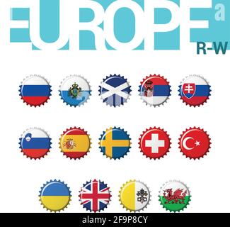 Set mit 14 Flaggenbotteln Europas (R-W). Set 4 von 4. Vektorgrafik. Russland, San Marino, Schottland, Serbien, Slowakei, Slowenien, Spanien, Schweden, S Stock Vektor