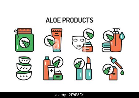 Aloe Farbe Linie Symbole gesetzt. Vektorgrafik. Skizzieren Piktogramme für Webseite, mobile App, Promo. Stock Vektor