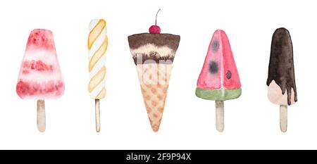 Aquarell-Zeichnung von fünf Sorten Eis mit Eis Kegel und mehrere Fruchteis in Form von Wassermelone Und gelb-weiß kleben auf Stockfoto