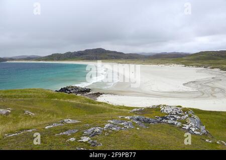 Reef Beach aka Traigh na Beirigh im Dorf Kneep aka CNIP in Lewis, Äußere Hebriden. West über Strand und Dünen Heimat mehrerer prähistorischer Stätten Stockfoto