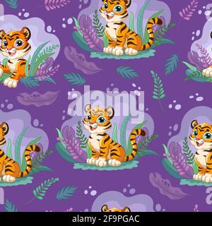 Nahtloses Muster mit niedlichen Tigern in der Nacht im Dschungel. Vektor-Illustration für Party, drucken, Babydusche, Tapete, Design, Einrichtung, Bettwäsche, Geschirr a Stock Vektor