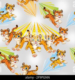 Nahtloses Muster mit fröhlich laufenden Tigern auf grauem Hintergrund. Vektor-Illustration für Party, drucken, Babydusche, Tapete, Design, Einrichtung, Bettwäsche, di Stock Vektor