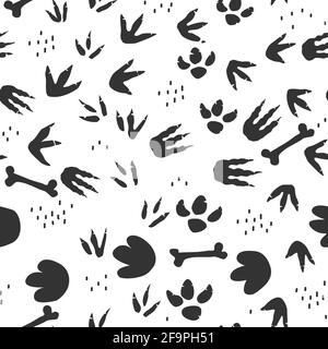 Dinosaurier-Fußabdrücke mit nahtlosem Muster. Hintergrund mit Dino Füße Schritte Spuren. Weg der Jurassischen Tiere. Vektor-Illustration für Kinder Textil oder Boden Stock Vektor