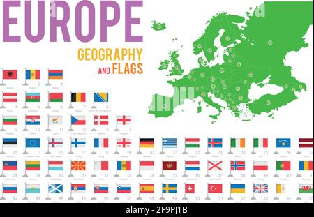 Set von 56 Flaggen von Europa isoliert auf weißem Hintergrund und Karte von Europa mit Ländern darauf. Stock Vektor