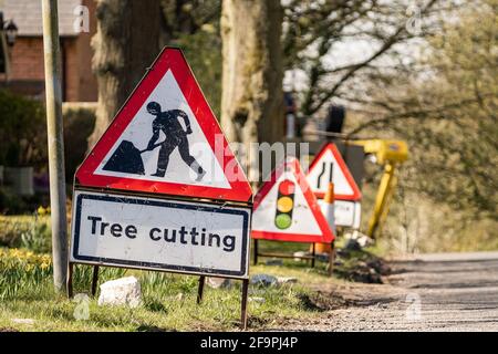 Rot-weißes Warnschild für den Baumschnitt, das am Straßenrand steht, mit dem Symbol für Straßenarbeiter. Verkehrsschild warnt Fahrer vor Gefahren. Stockfoto