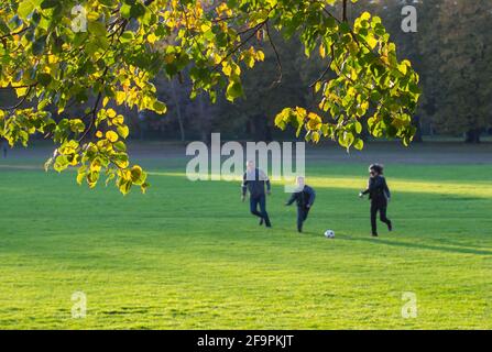 25.10.2020, Berlin, Berlin, Deutschland - Familie spielt Ball im Schillerpark in Berlin-Wedding. 0CE201025D001CAROEX.JPG [MODEL RELEASE: NO, PROPERTY RELE Stockfoto