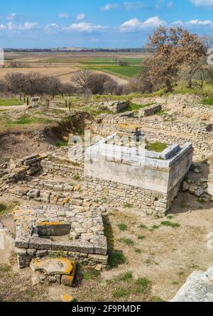 Ruinen an der archäologischen Stätte der antiken griechischen Stadt Troja in der Nähe von Canakkale, Türkei Stockfoto