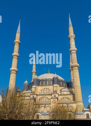 Vertikale Ansicht der wunderschönen osmanischen Selimiye Moschee in Edirne, Türkei mit blauem Himmel Stockfoto