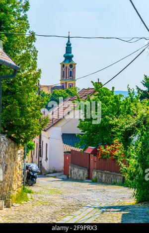 Blick auf eine schmale Straße in der ungarischen Stadt szentendre mit Turm der serbischen orthodoxen Kirche im Hintergrund. Stockfoto