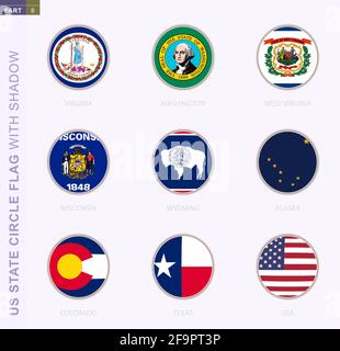 US State Circle Flag mit Schatten, Sammlung von neun runden Flaggen. Vektorflaggen des US-Bundesstaates 9: Virginia, Washington, West Virginia, Wisconsin, Wyoming, Stock Vektor
