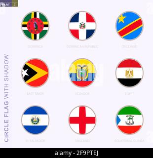 Kreisflagge mit Schatten, Sammlung von neun runden Flaggen. Vector Flaggen von 9 Ländern: Dominica, Dominikanische Republik, DR Kongo, Osttimor, Ecuador, Egyp Stock Vektor