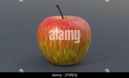 3D-Modell von rot - gelb Apfel auf grauer Oberfläche, 3D-Rendering Stockfoto