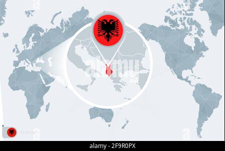Pazifzentrierte Weltkarte mit vergrößerten Albanien. Flagge und Landkarte von Albanien auf Asien in der Center World Map. Stock Vektor
