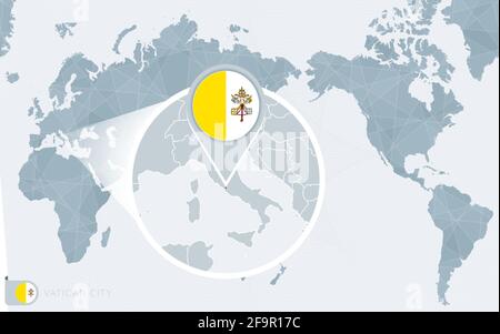 Pazifische Weltkarte mit vergrößerter Vatikanstadt. Flagge und Karte der Vatikanstadt auf Asien in Center World Map. Stock Vektor