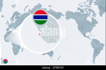 Pazifische Weltkarte mit vergrößerter Darstellung von Gambia. Flagge und Landkarte von Gambia auf Asien in der Center Weltkarte. Stock Vektor