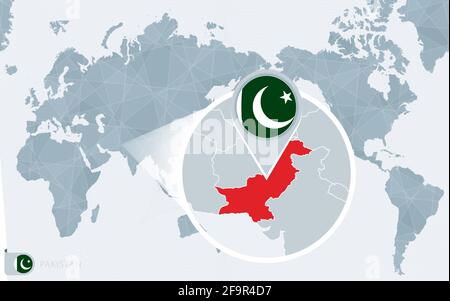 Pazifzentrierte Weltkarte mit vergrößerten Pakistan. Flagge und Landkarte von Pakistan auf Asien in Centre World Map. Stock Vektor