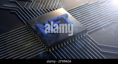 Blauer NFT-Text auf dunklem abstrakten Technologiehintergrund. Nicht fungibler Token, Blockchain-Asset, Krypto-Art-Konzept. 3d-Illustration Stockfoto