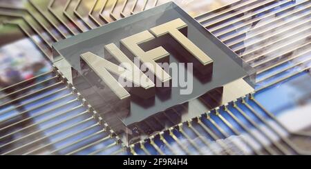 Blauer NFT-Text auf dunklem abstrakten Technologiehintergrund. Nicht fungibler Token, Blockchain-Asset, Krypto-Art-Konzept. 3d-Illustration Stockfoto