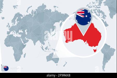 Pazifische Weltkarte mit vergrößerten Australien. Flagge und Karte von Australien auf Asien in Centre World Map. Stock Vektor