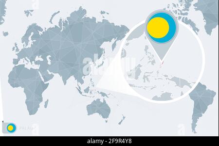 Pazifische Weltkarte mit vergrößerten Palau. Flagge und Karte von Palau auf Asien in Centre Weltkarte. Stock Vektor