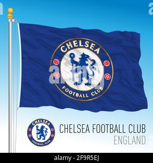 Europa, Jahr 2021, Chelsea Football Club Flagge und Wappenmannschaft in der neuen Super League Meisterschaft, Illustration Stockfoto